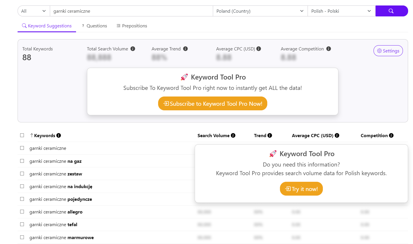 Przykład narzędzi używanych w SEO, tutaj Keyword Tool.