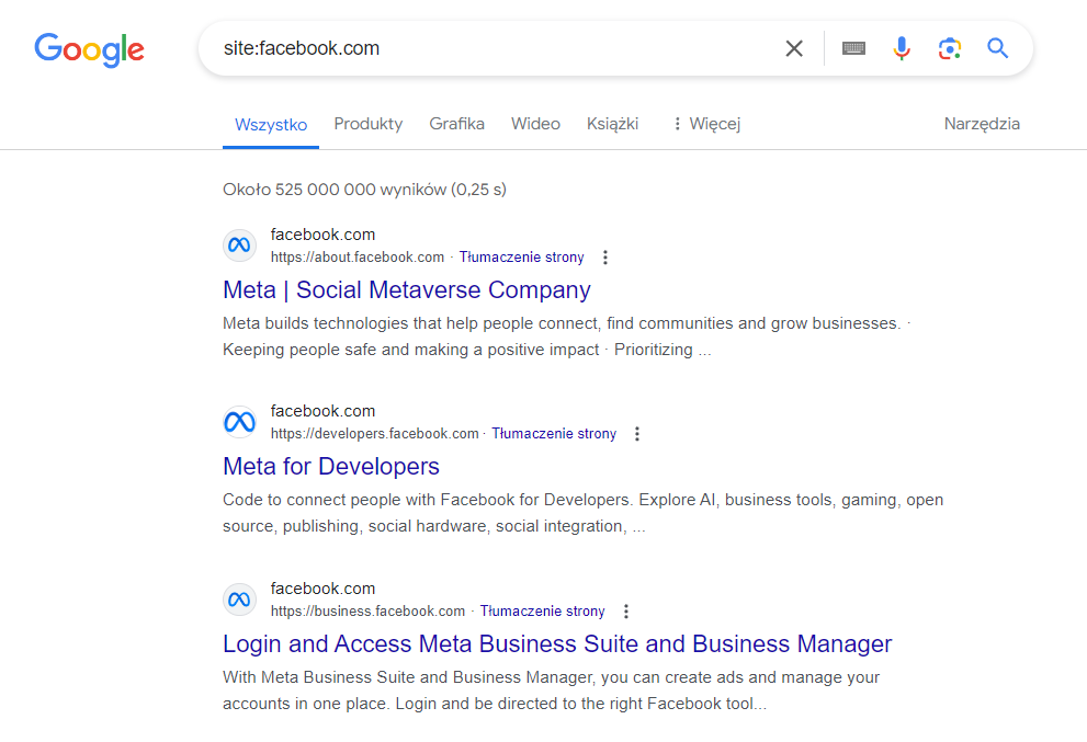 Pokazanie jak monitorować strony w Google przy użyciu site w wyszukiwaniu przy optymalizacji SEO.