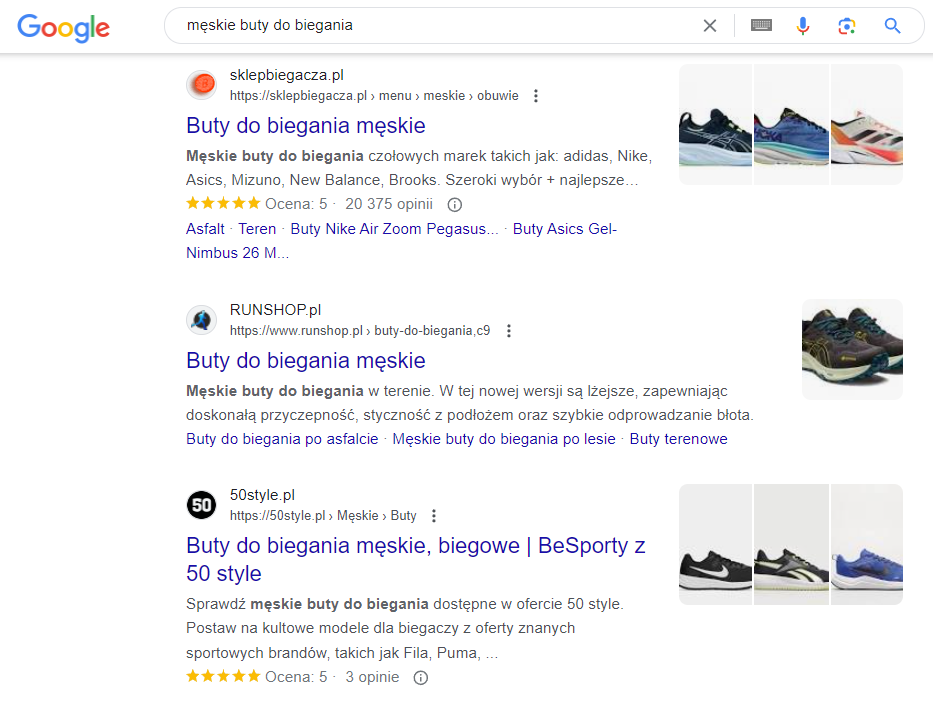 wyniki wyszukiwania Google